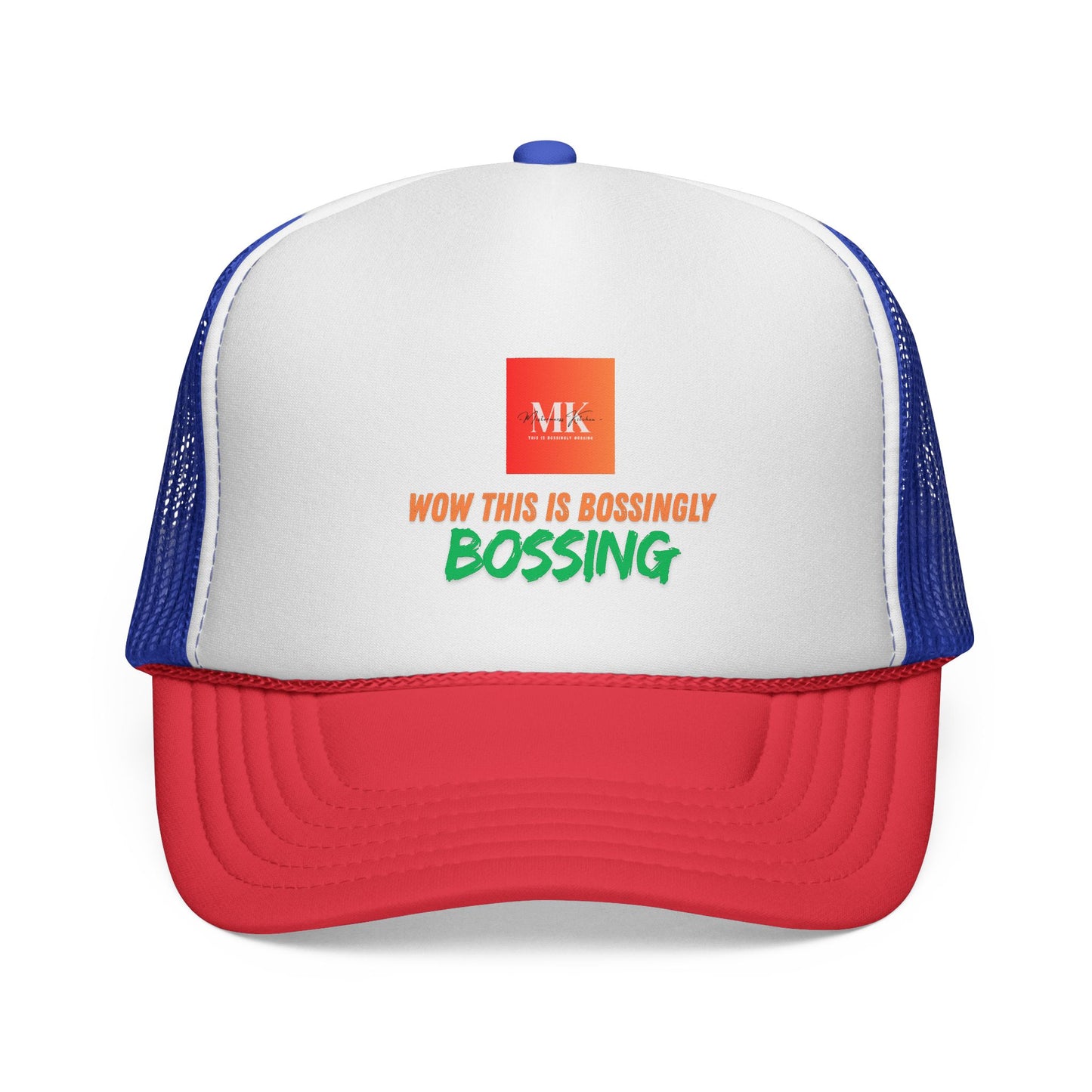 Vibrant Trucker Cap with Bold MK Design, Adjustable Hat for Outdoor Adventures, Unisex Gift for Summer, Festivals, and Road Trips