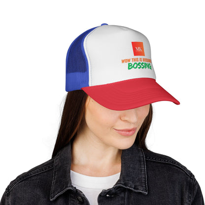 Vibrant Trucker Cap with Bold MK Design, Adjustable Hat for Outdoor Adventures, Unisex Gift for Summer, Festivals, and Road Trips