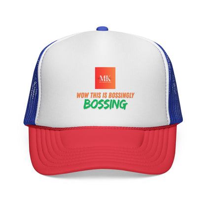 Vibrant Trucker Cap with Bold MK Design, Adjustable Hat for Outdoor Adventures, Unisex Gift for Summer, Festivals, and Road Trips