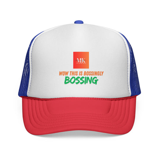 Vibrant Trucker Cap with Bold MK Design, Adjustable Hat for Outdoor Adventures, Unisex Gift for Summer, Festivals, and Road Trips