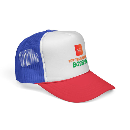 Vibrant Trucker Cap with Bold MK Design, Adjustable Hat for Outdoor Adventures, Unisex Gift for Summer, Festivals, and Road Trips